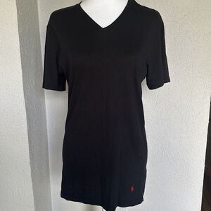 Polo Ralph Lauren Black V Neck T Shirt With Red Pony Logo Long Slim Size Medium